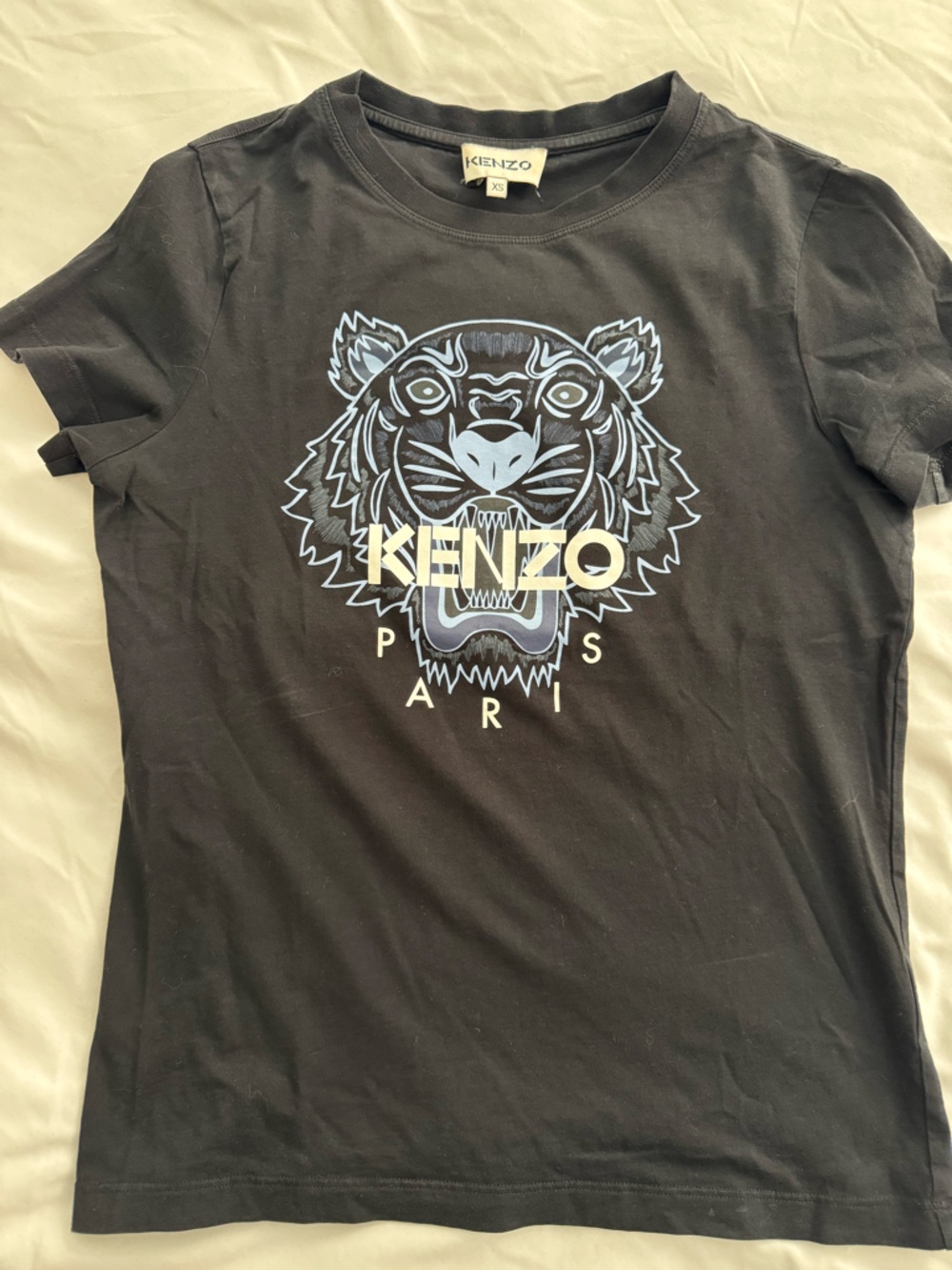 Kenzo Black Tee with Blue and Cream Tiger Graphic